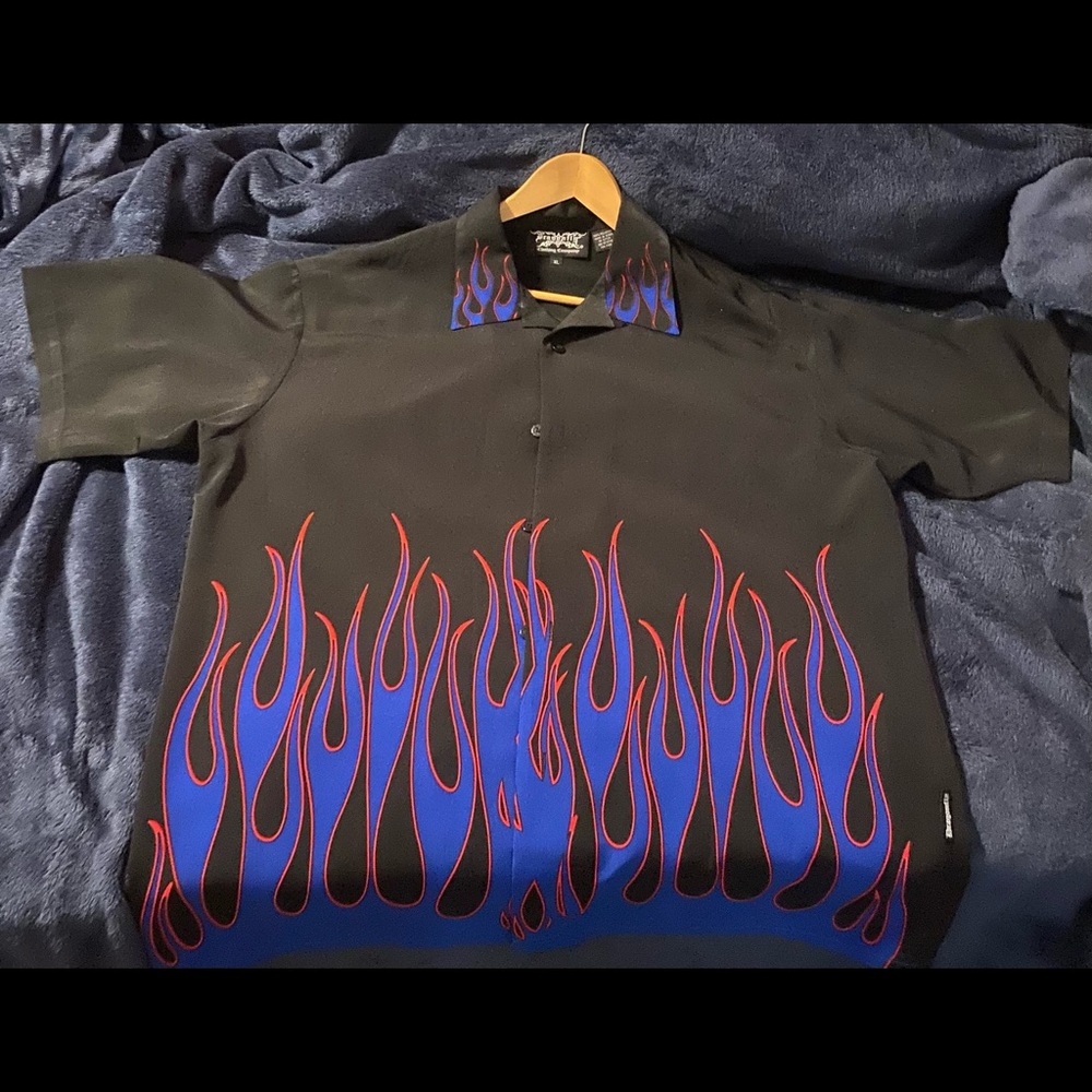 Dragonfly Clothing Vintage Button Up Flames Print Blue Red Black Poly XL.